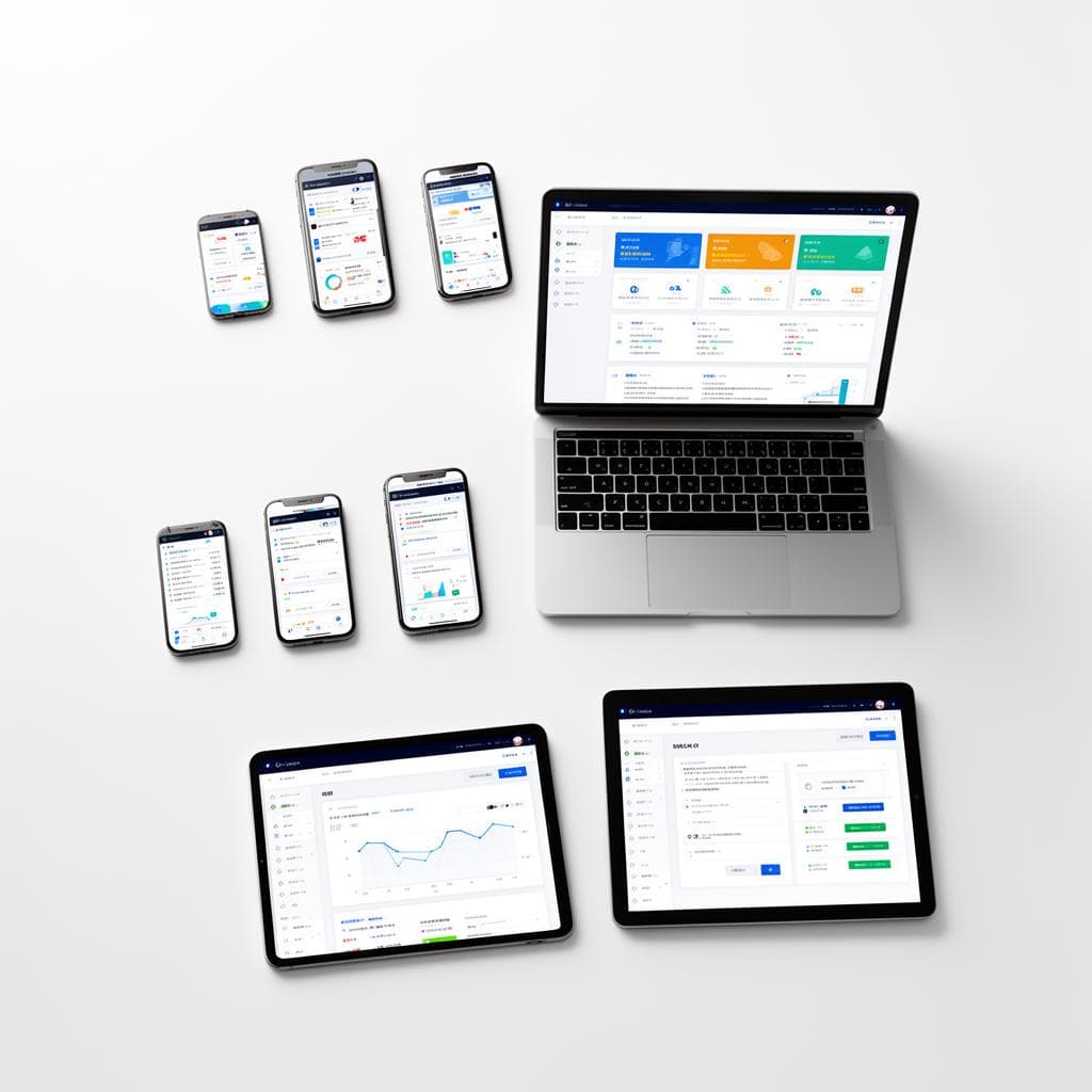 Multiple devices showing web dashboards, mobile apps, and cloud infrastructure