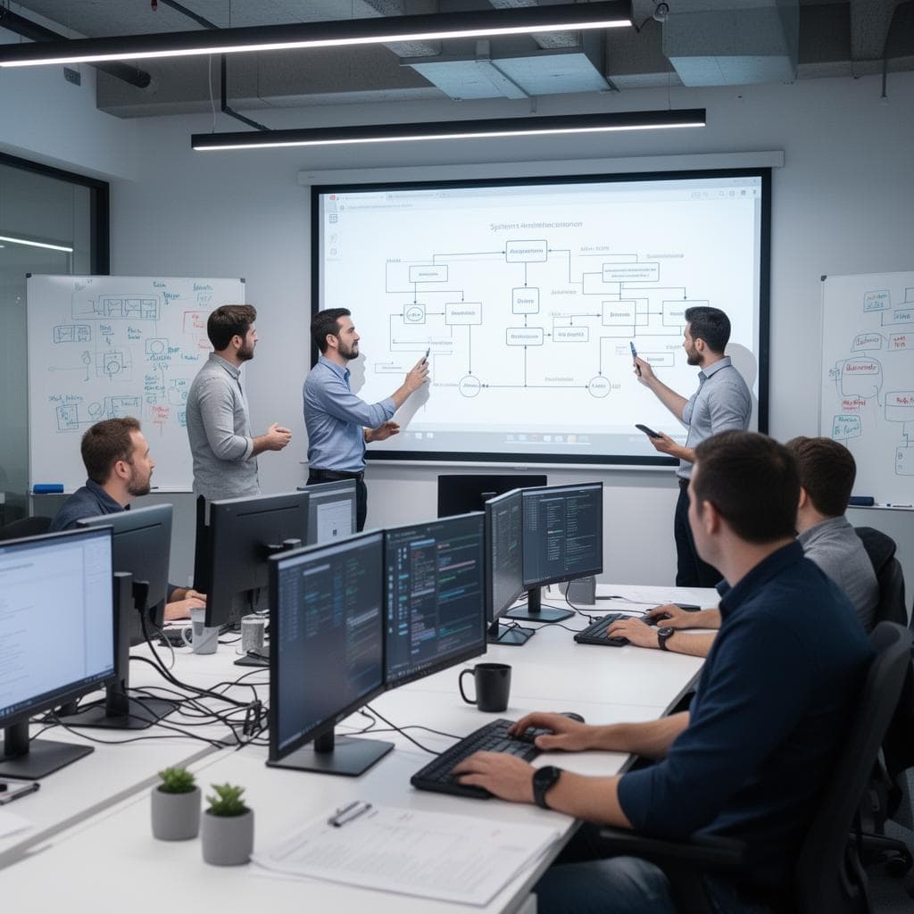 Blockcod engineers collaborating on system architecture at whiteboard