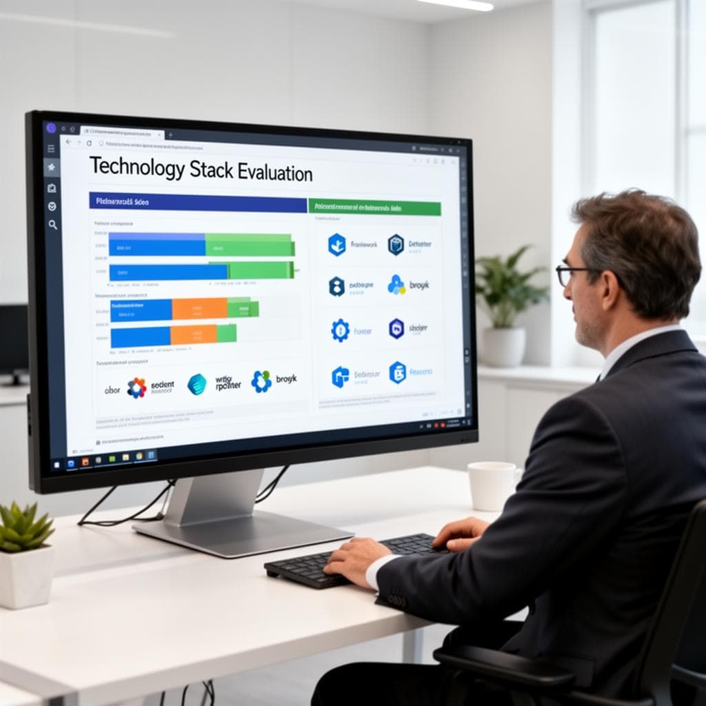 Developer evaluating technology architecture on ultrawide monitor